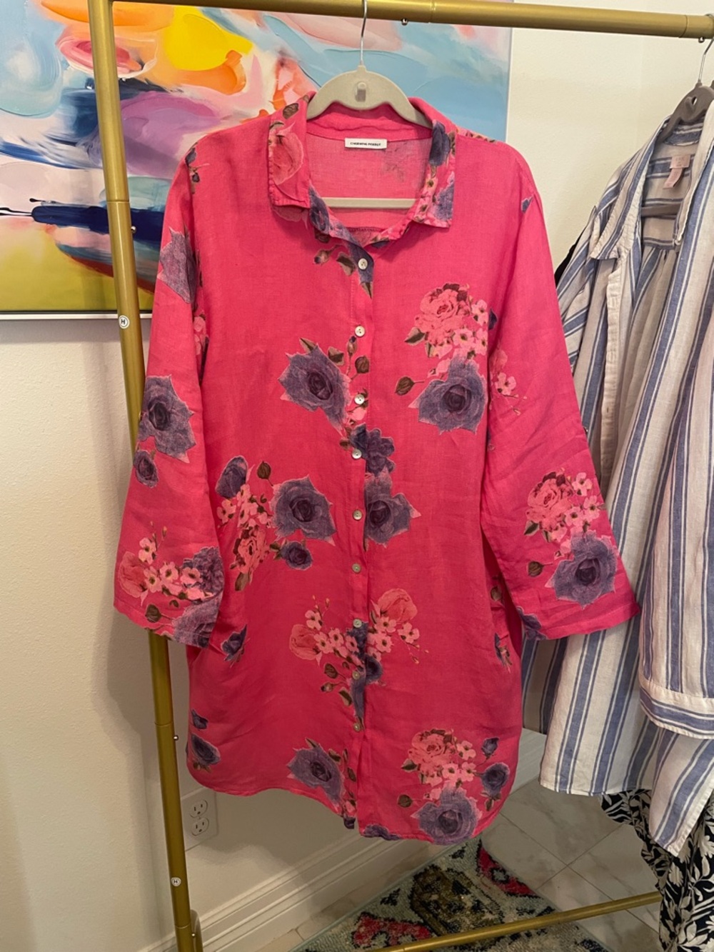 Linen Pink Floral Button-Front Tunic L/XL